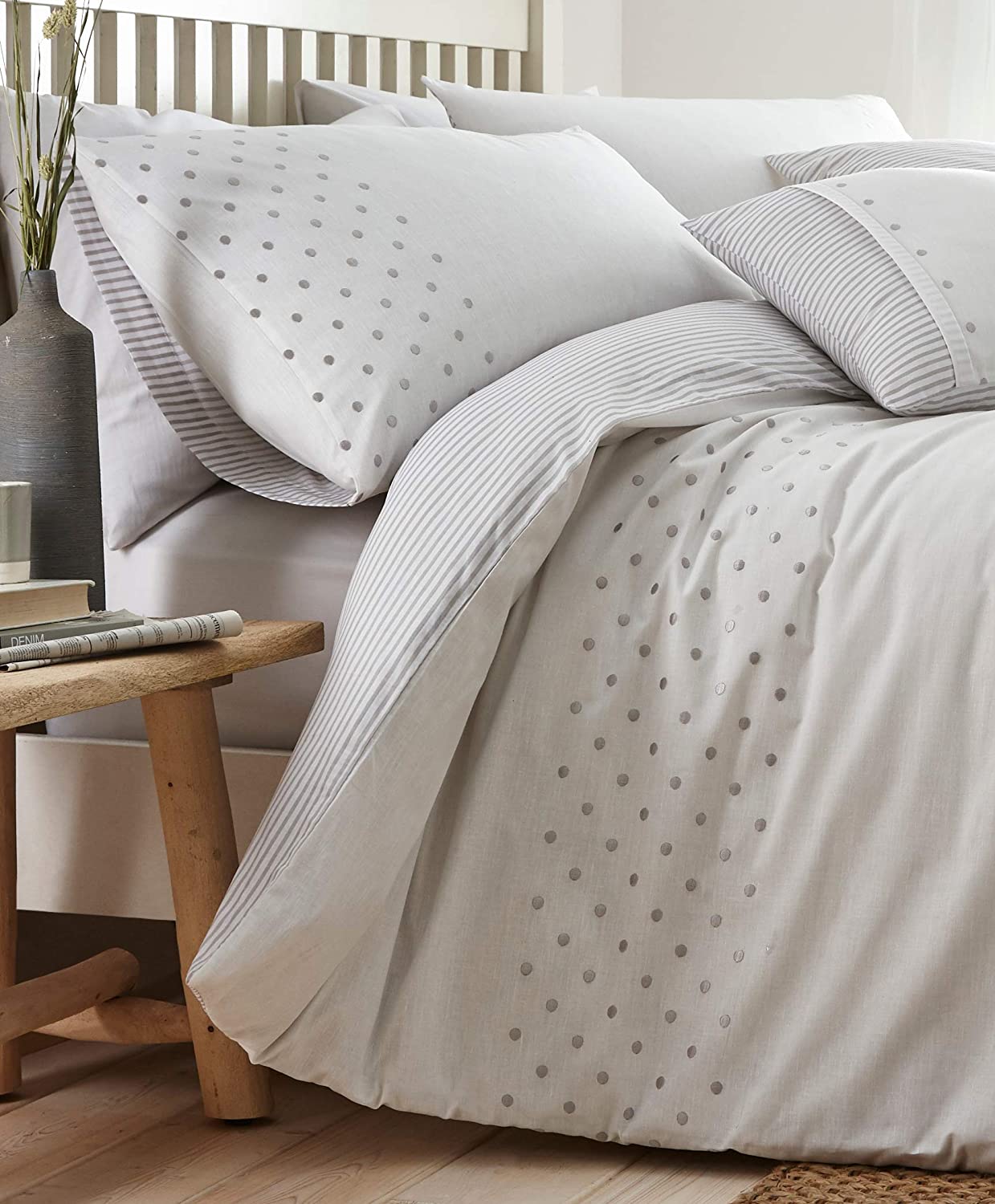 King Size New England Polkadots Embroidered Grey Silver Bedding Set