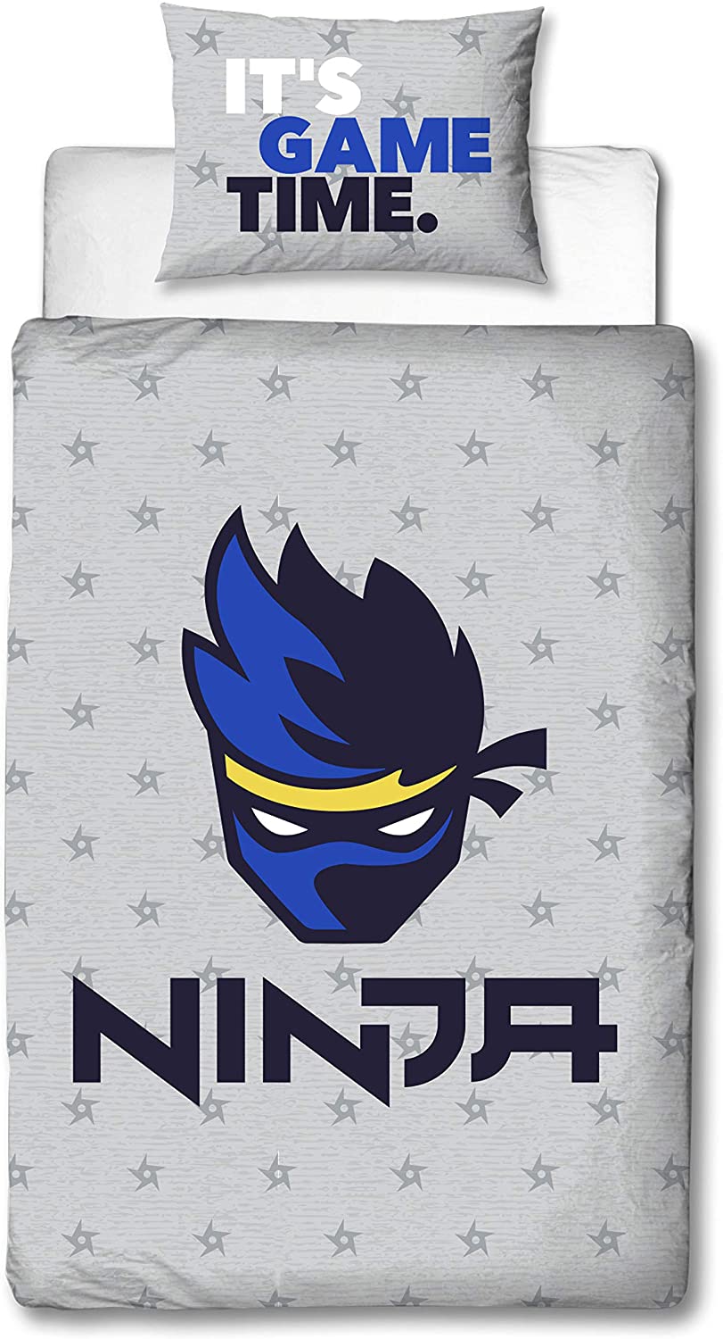 Single Bed Duvet Cover Set Ninja Its Game Time Grey Blue Reversible