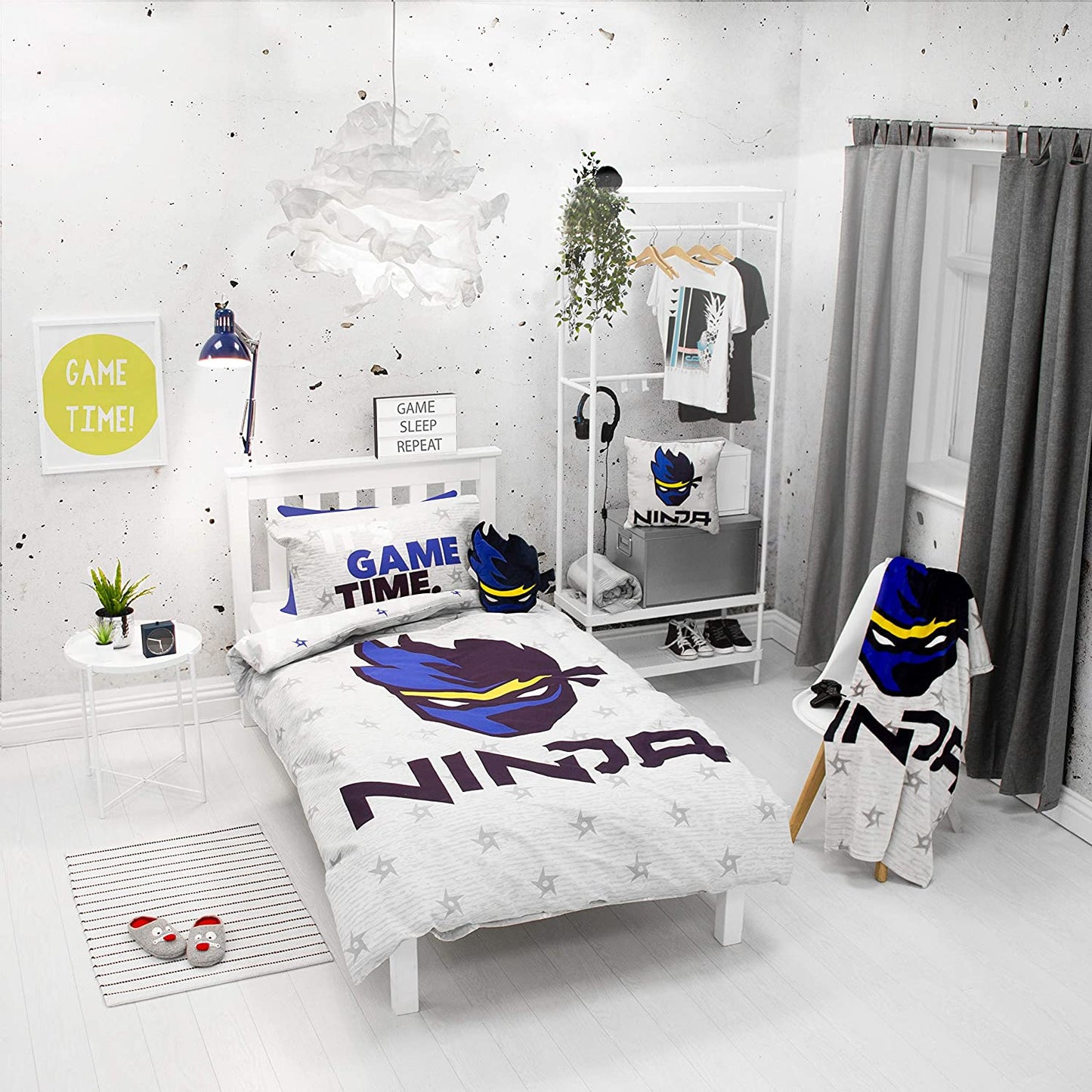 Single Bed Duvet Cover Set Ninja Its Game Time Grey Blue Reversible