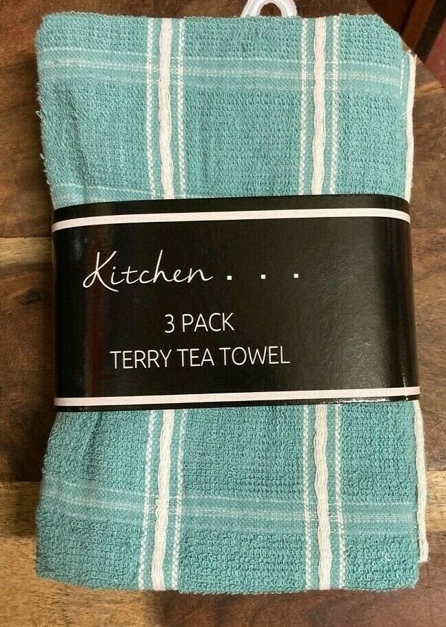 Pack Of 3 Fancy Check Terry Tea Towel Pastel Teal White 100% Cotton