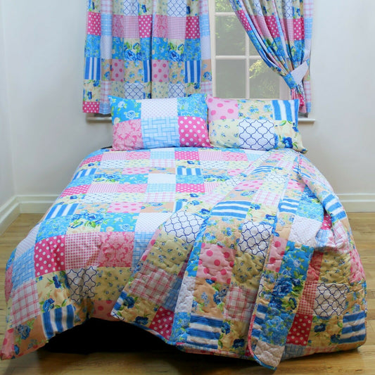 Double Bed Size Patchwork Blue Pink Floral Duvet Cover Set Polkadots Checked Damask