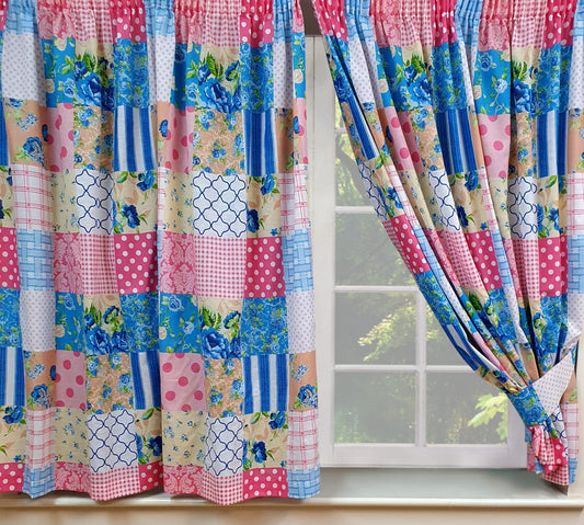 Patchwork Blue Pink 66" x 72" Ready Made Pencil Pleat Unlined Curtains