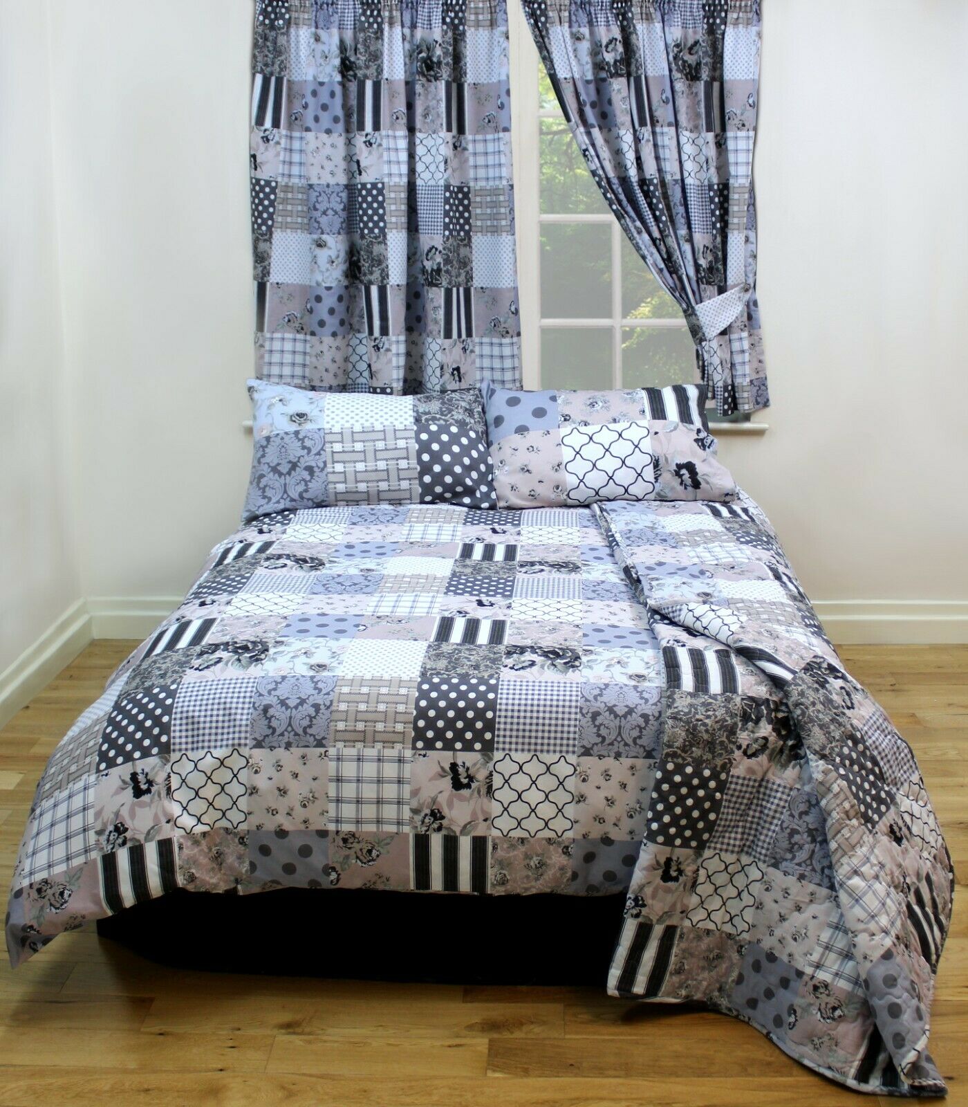 King Size Patchwork Grey Floral Duvet Cover Set