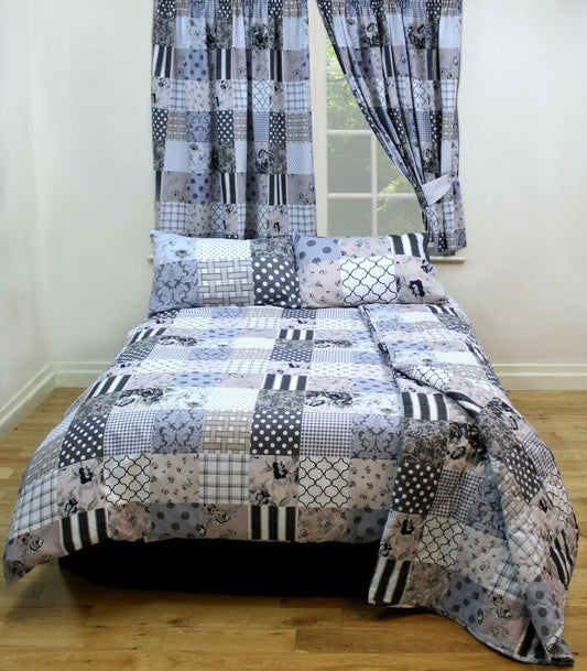 Double Bed Size Patchwork Grey Floral Duvet Cover Set