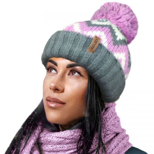 Ladies Mohair Effect Chevron Design Ski Hat Soft Teddy Fur Fleece Lining Pom Pom Hat