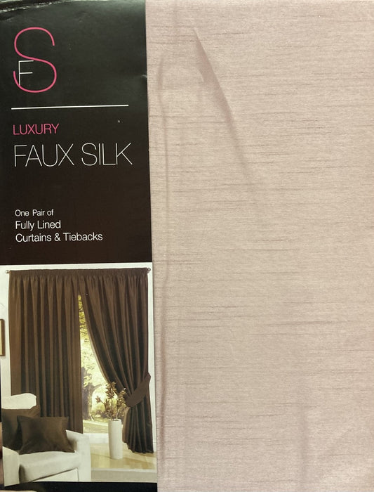 Dusky Pink 65" x 54" Pencil Pleat Unlined Ready Made Curtains Tie Backs