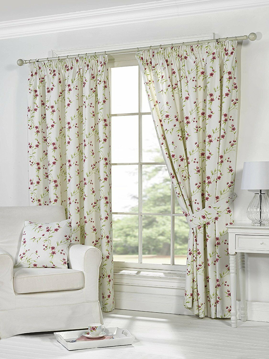 Pippa Natural 90" x 90" Ready Made Lined Curtains Floral Cream Pink Heavy Quality