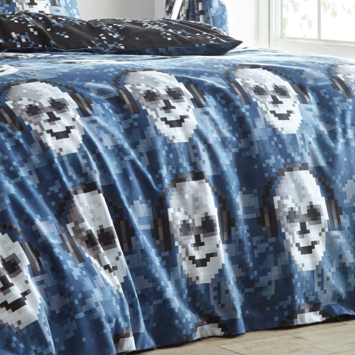 King Size Duvet Cover Set Pixel Skulls Blue Boys Bedding Set