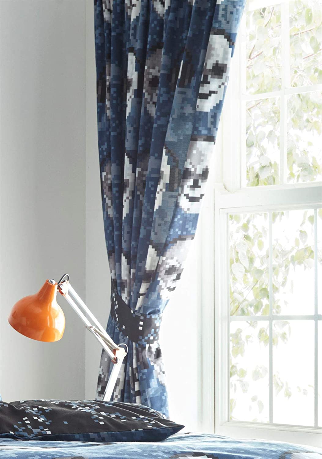 Pixel Skulls 66" x 72" Fully Lined Pencil Pleat Curtains Blue