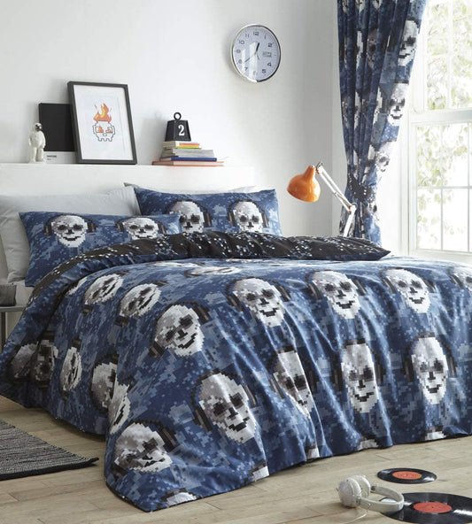 King Size Duvet Cover Set Pixel Skulls Blue Boys Bedding Set