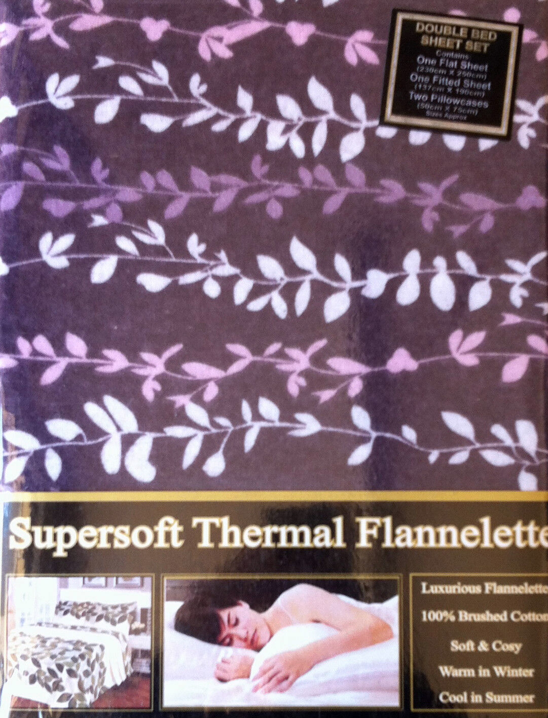 Double Bed Flannelette Sheet Set Aubergine Plum Leaves 100% Brushed Cotton Luxury