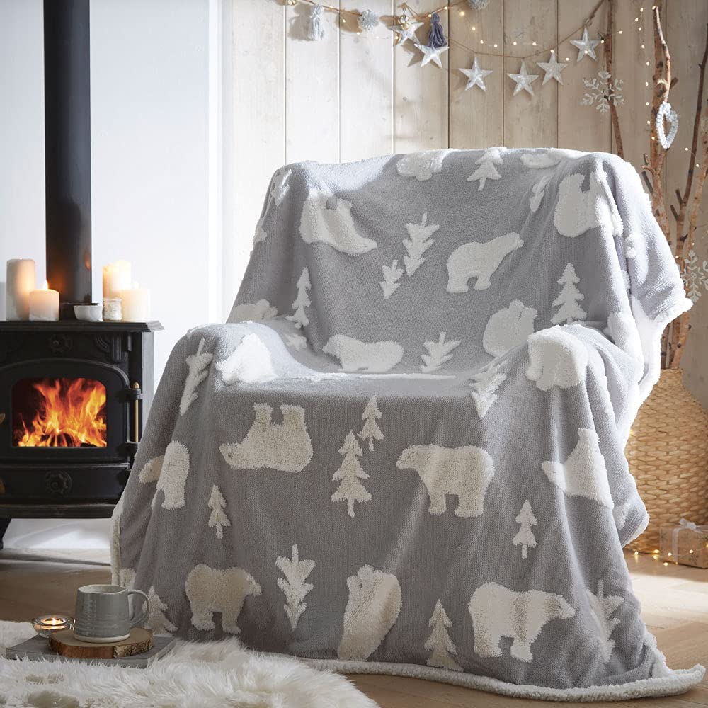 Polar Bears Grey Sherpa Fleece Blanket 130cm x 170cm