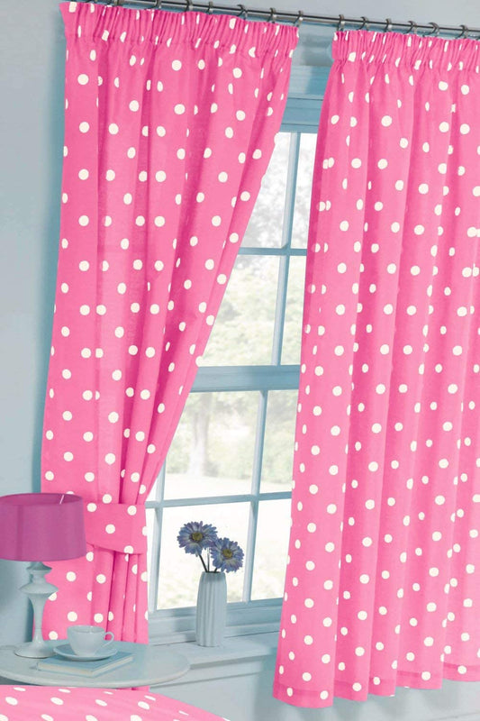 Polkadot Pink White 66" x 54" Pencil Pleat Curtains Unlined With Tie Backs