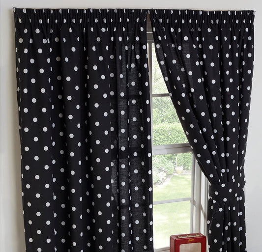 Polkadot Black White 66" x 72" Pencil Pleat Curtains Unlined With Tie Backs