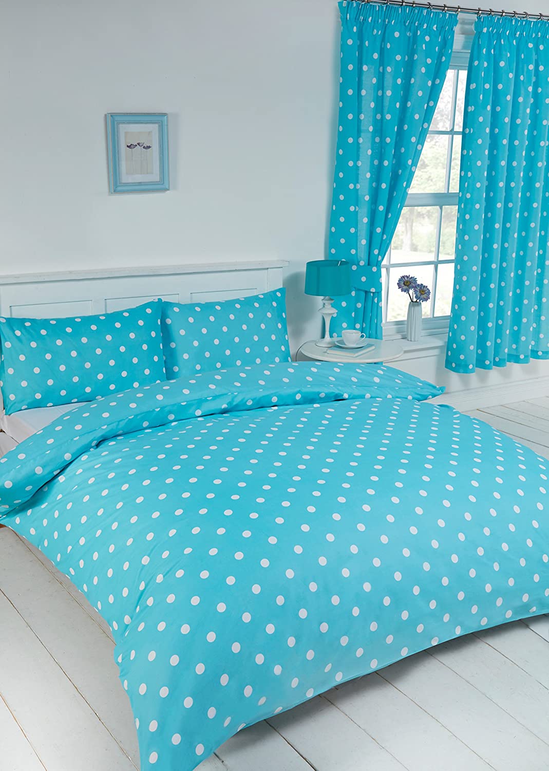 Double Bed Duvet Cover Set Polkadot Duck Egg