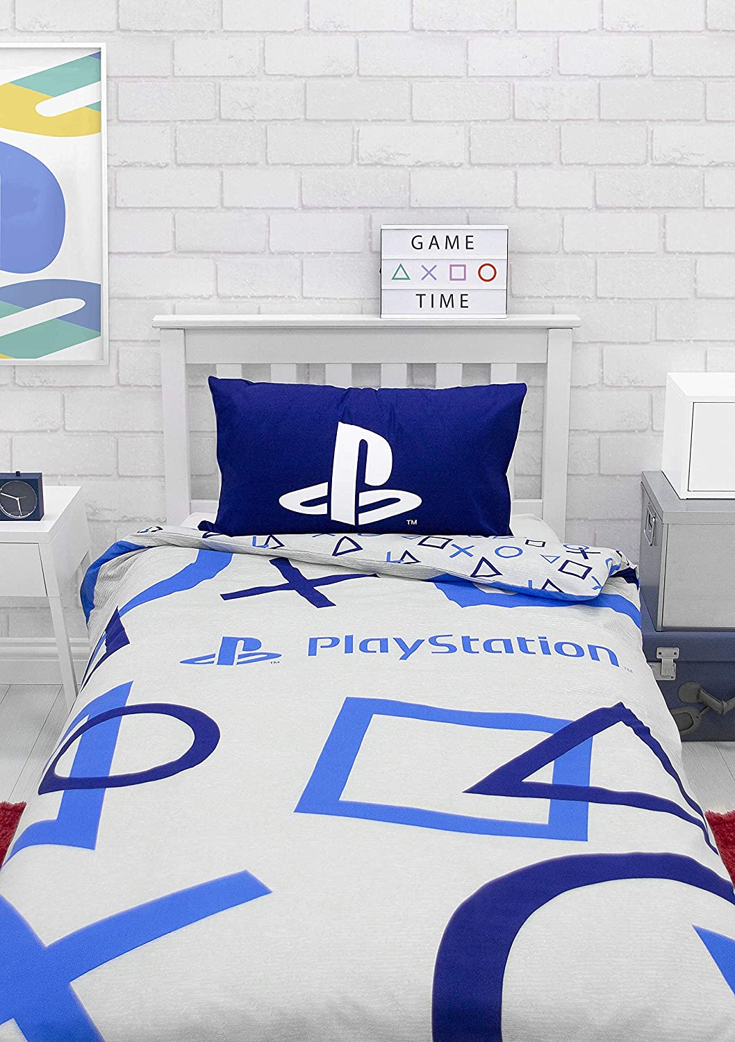 Single Bed Sony Playstation Official Blue Grey Gamer Duvet Cover Set Character Bedding