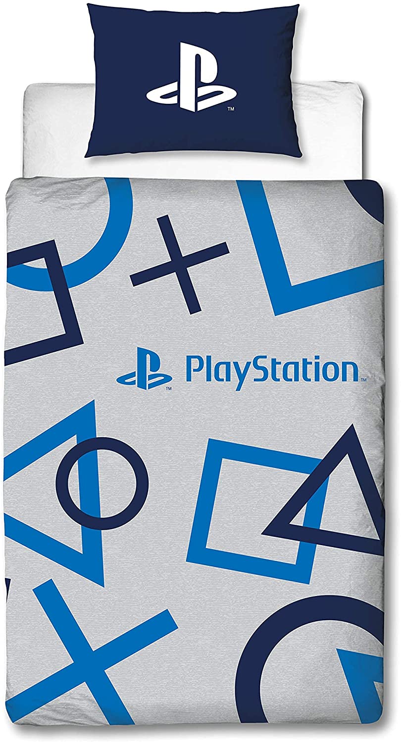 Single Bed Sony Playstation Official Blue Grey Gamer Duvet Cover Set Character Bedding