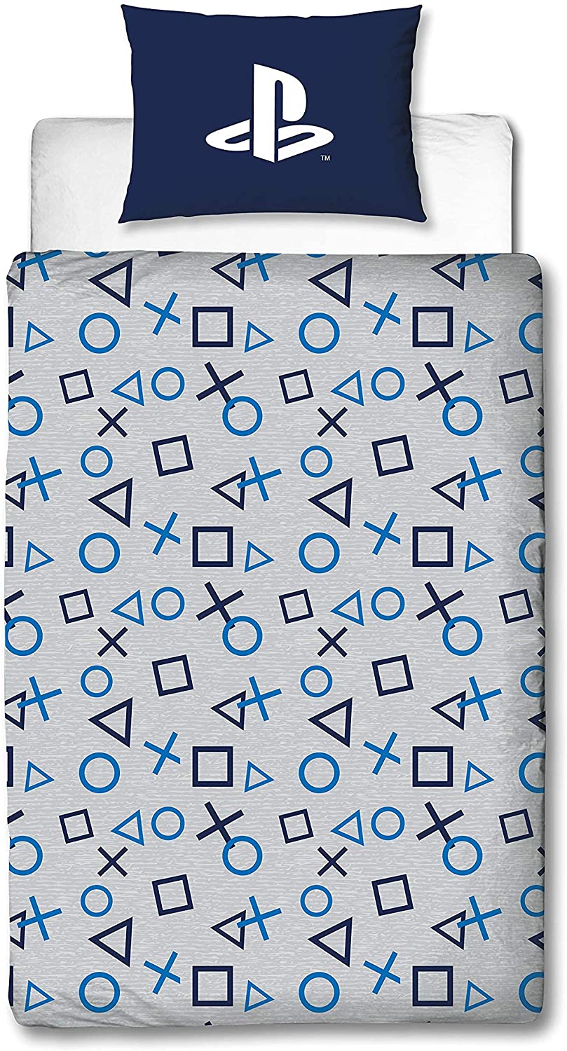 Single Bed Sony Playstation Official Blue Grey Gamer Duvet Cover Set Character Bedding