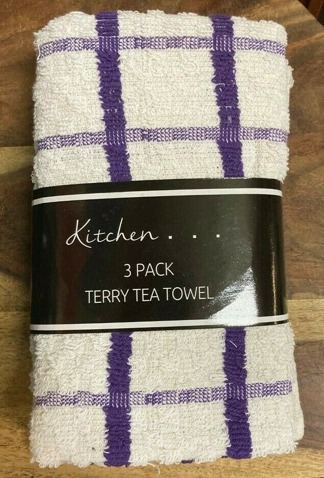Pack Of 3 Fancy Check Terry Tea Towel Purple White 100% Cotton