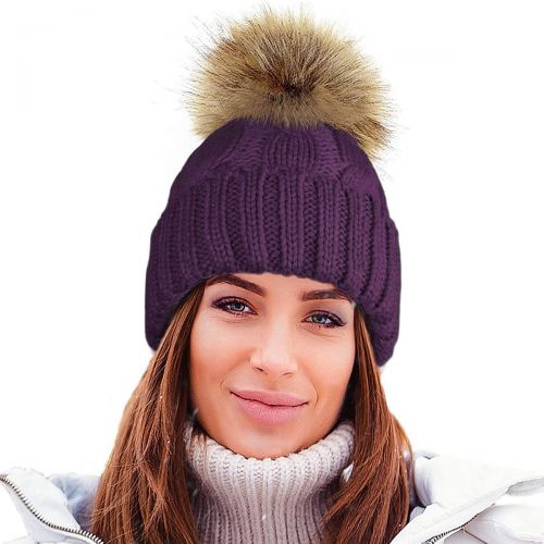 Ladies Cable Knitted Soft Teddy Fur Fleece Lining Ski Hat With Large Detachable Pom Pom