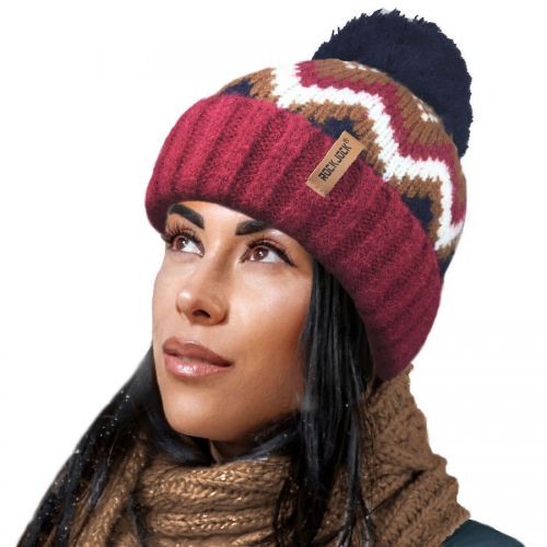 Ladies Mohair Effect Chevron Design Ski Hat Soft Teddy Fur Fleece Lining Pom Pom Hat