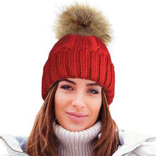Load image into Gallery viewer, Ladies Cable Knitted Soft Teddy Fur Fleece Lining Ski Hat With Large Detachable Pom Pom
