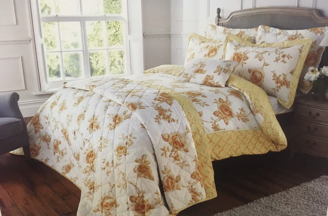 Floral Gold Rouen Quilted Bedspread Throw Over And Pillow Shams 254cm x 254cm