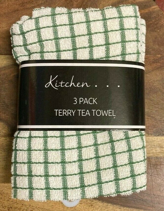Pack Of 3 Fancy Check Terry Tea Towel Sage White 100% Cotton