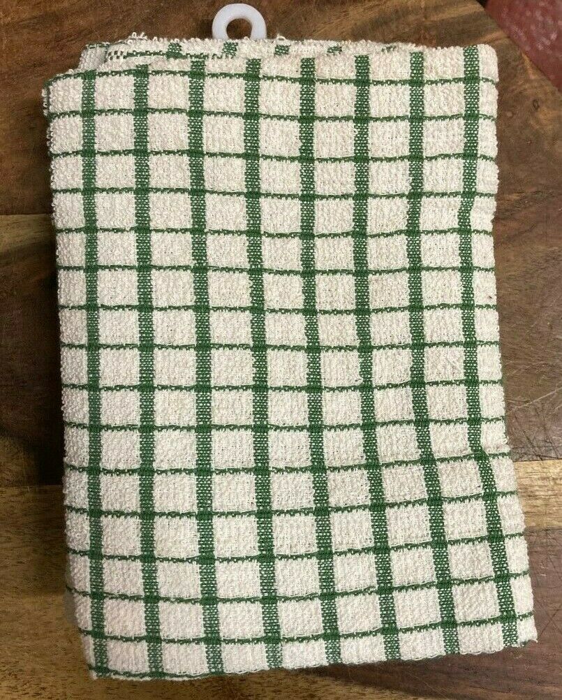 Pack Of 3 Fancy Check Terry Tea Towel Sage White 100% Cotton