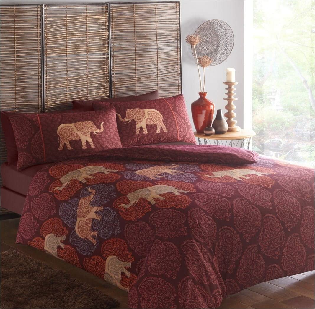 Super King Size Duvet Cover Set Saira Plum Elephants Paisley Reversible Bedding