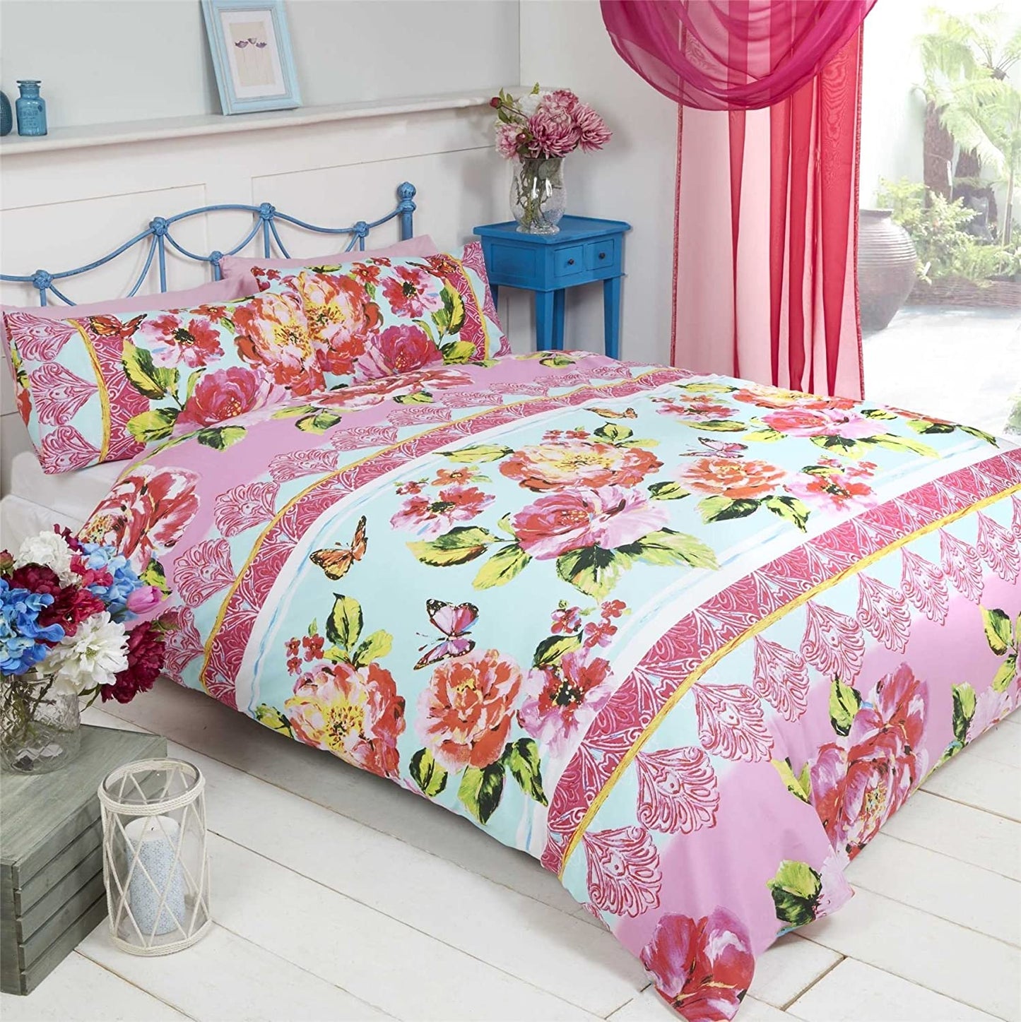 Double Bed Flowers Pink Green Butterflies Duvet Cover Set Sanaa Floral Pink