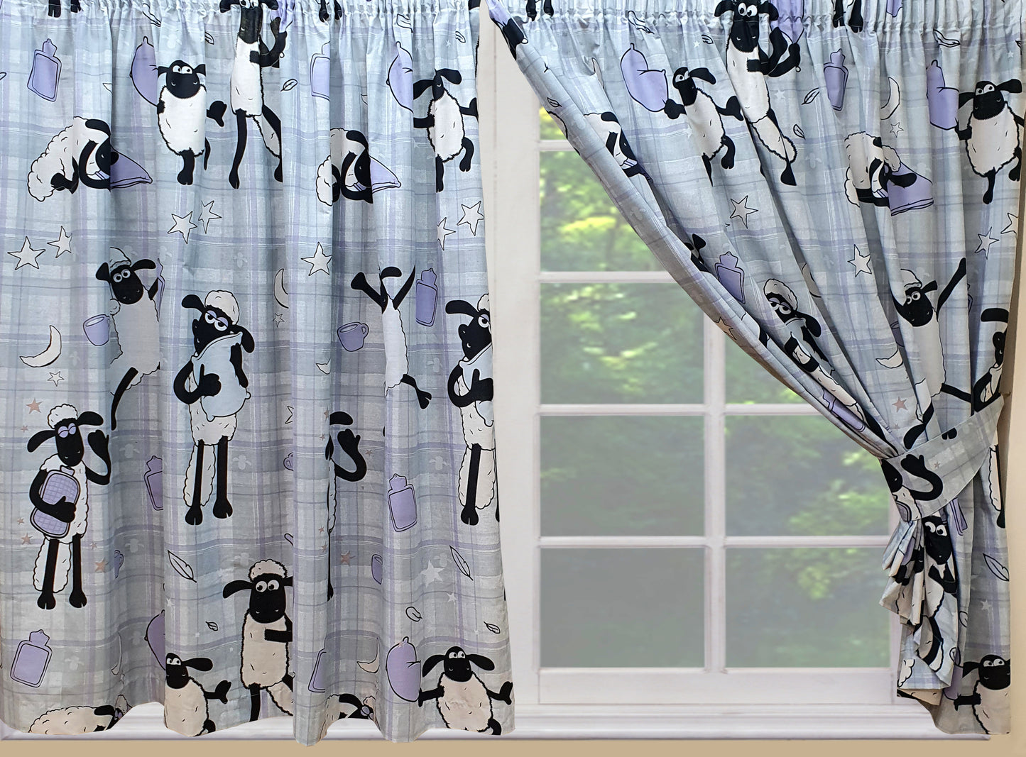 Shaun The Sheep 66" x 72" Unlined Pencil Pleat Curtains Sheep Stars Grey Lilac Character Curtains