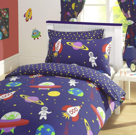 Space Rockets 66" x 72" Fully Lined Pencil Pleat Curtains Blue Astronauts Planets