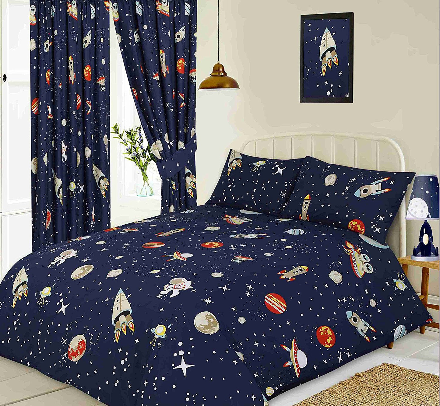 Double Bed Space Duvet Cover Set Stars Navy Planets Alien Astronaut UFO