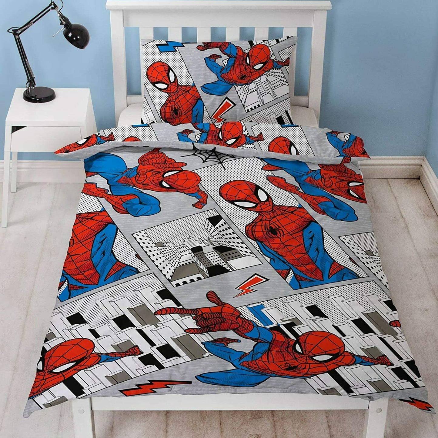 Single Bed Duvet Cover Set Spiderman City Grey Reversible Super Hero Bedding Set