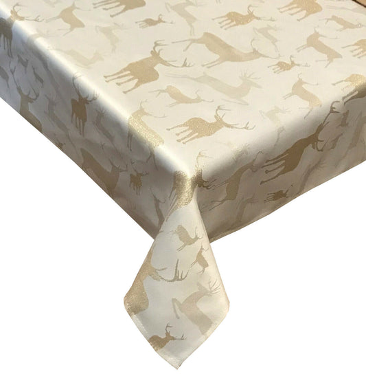 Large Stag Deer Cream Gold 70" x 108" Oblong Tablecloth 8 - 10 Place Setting Festive Dining