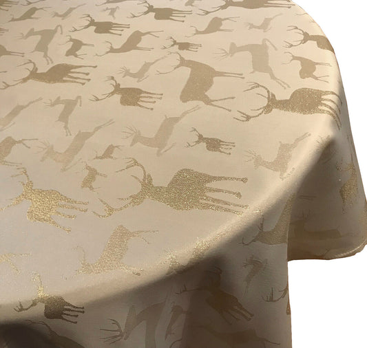 Large Stag Deer Cream Gold 70" Round Tablecloth 4 - 6 Place Setting Festive Dining