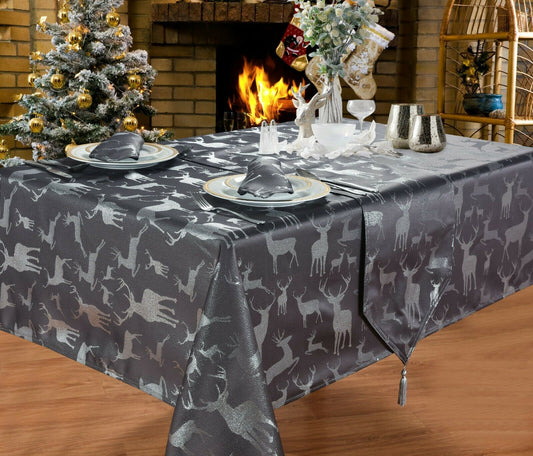 Large Stag Deer Grey Silver 70" x 108" Oblong Tablecloth 8 - 10 Place Setting Festive Dining