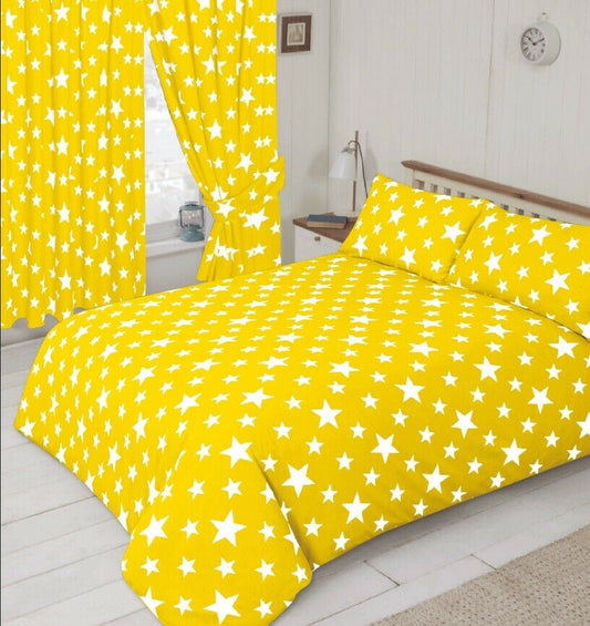Double Bed Duvet Cover Set Stars Yellow White
