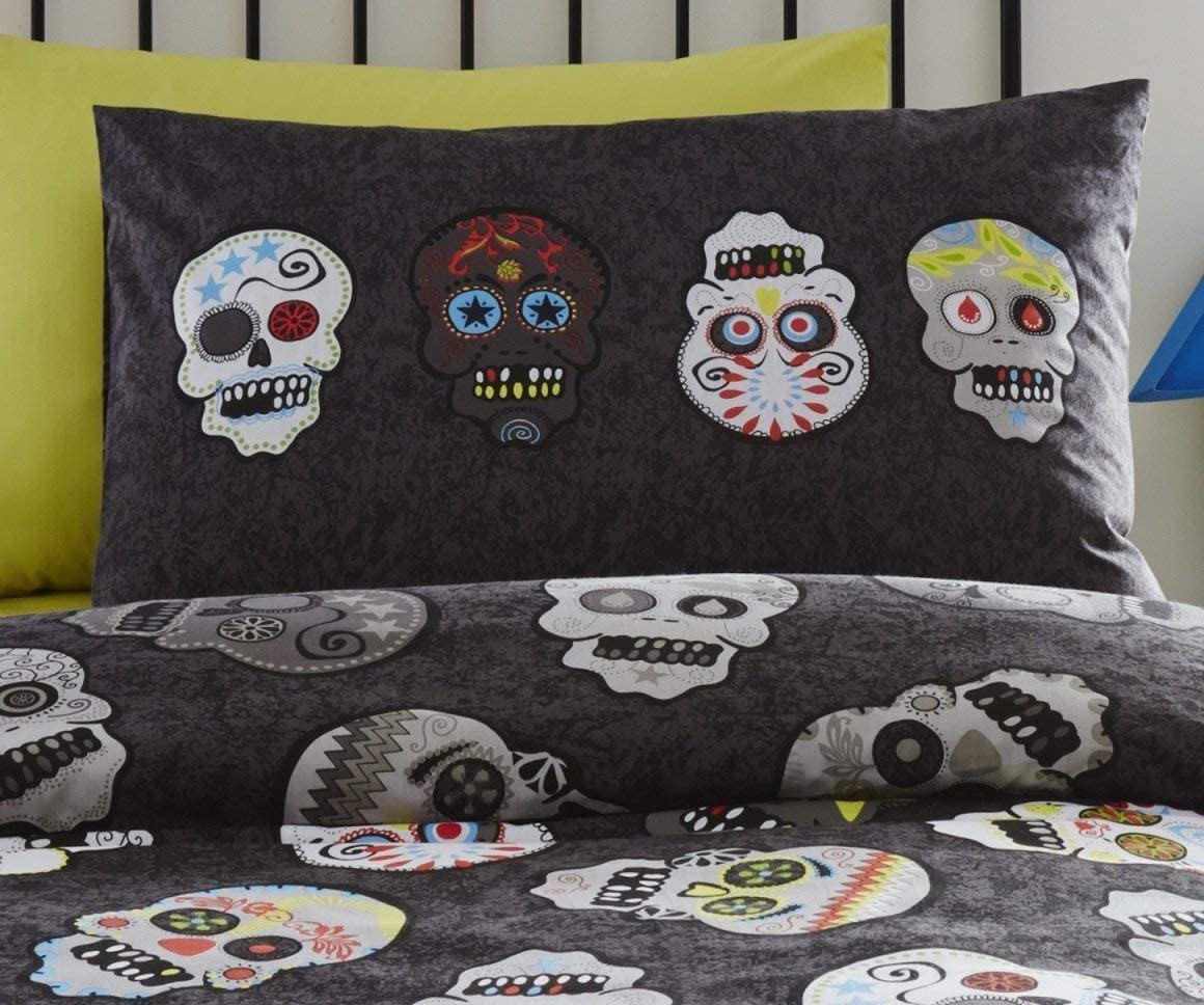 Sugar Skulls Black Multicoloured Skull Heads 66" x 72" Fully Lined Pencil Pleat Curtains Kids Room