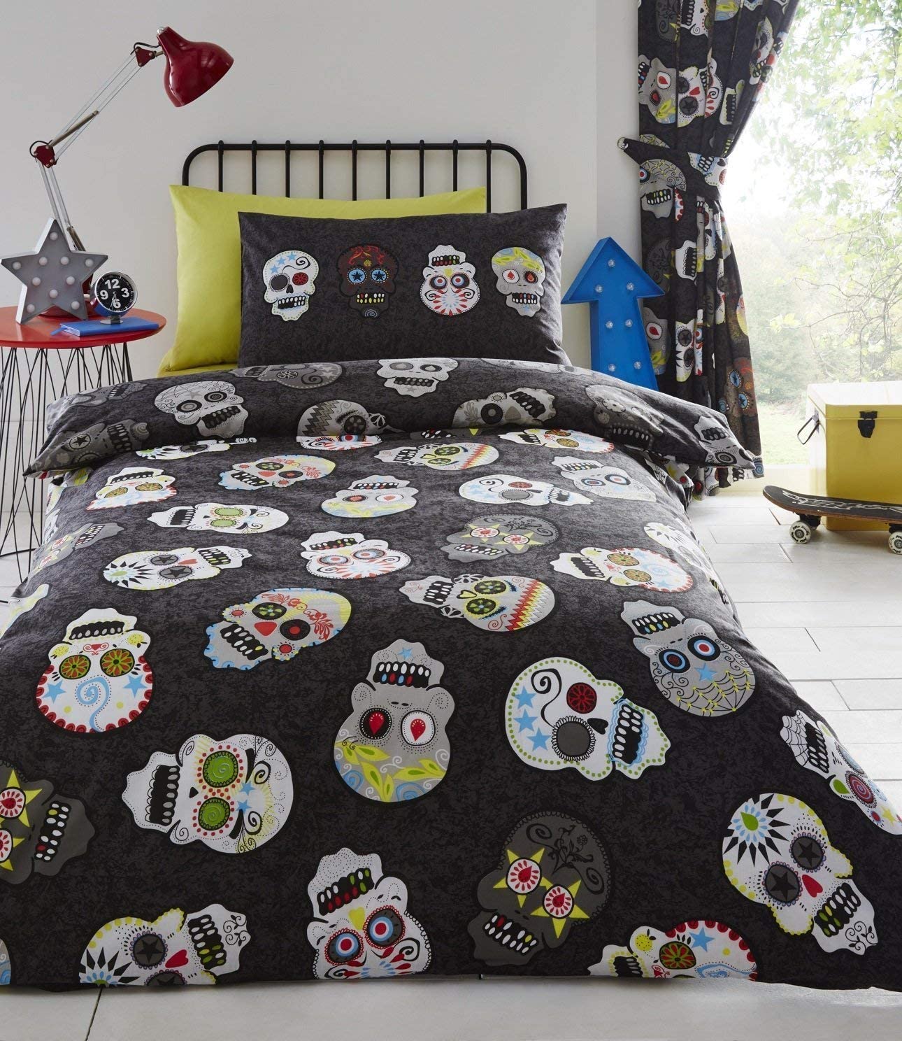 Sugar Skulls Black Multicoloured Skull Heads 66" x 72" Fully Lined Pencil Pleat Curtains Kids Room