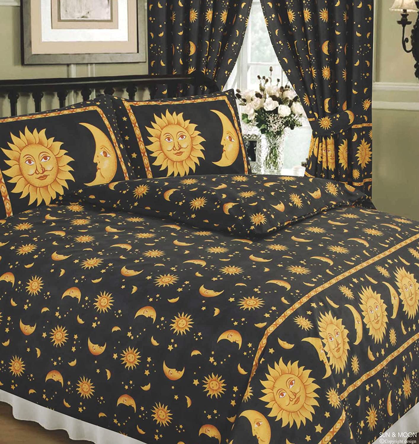 Sun And Moon Black Gold 66" x 72" Unlined Pencil Pleat Curtains Novelty