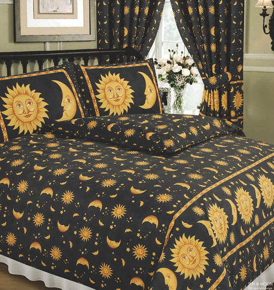 Sun And Moon Black Gold 66" x 72" Unlined Pencil Pleat Curtains Novelty