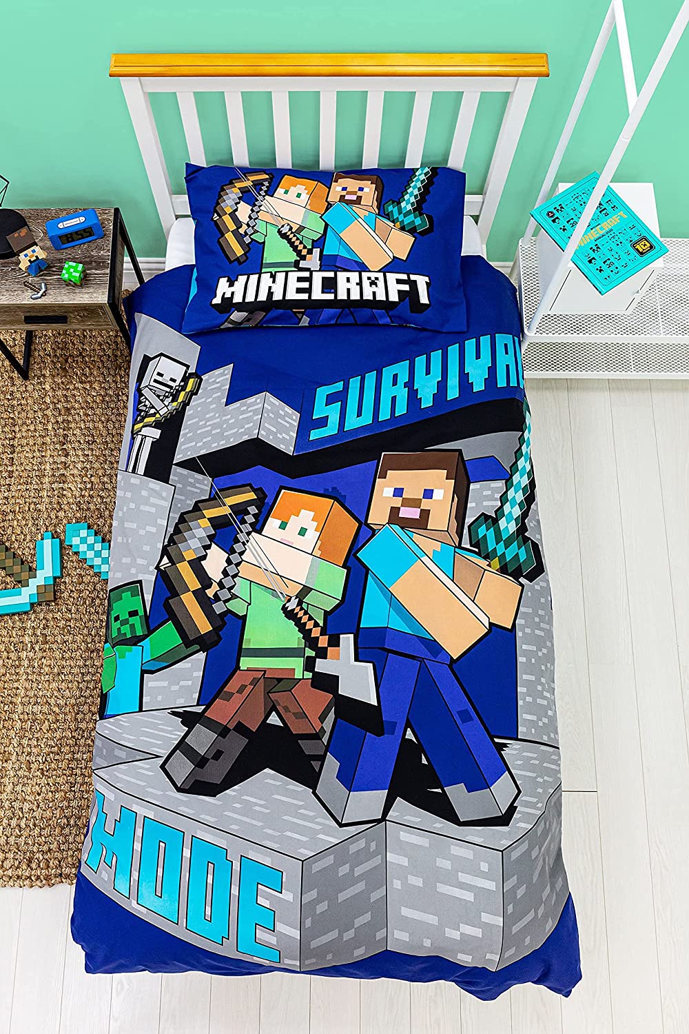 Single Bed Duvet Cover Set Minecraft Survive Panel Gamer Character Bedding