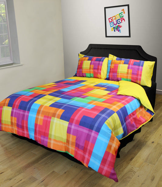 Single Bed Tetris Tartan Duvet Cover Set Gamer Bedding
