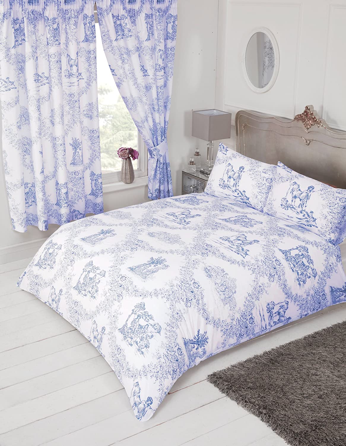 Double Bed Duvet Cover Set Toile De Jouy Blue