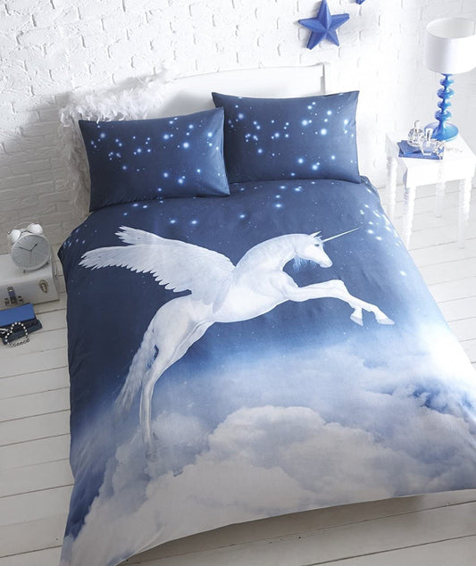 Double Bed Flannelette Duvet Cover Set Unicorn Panel