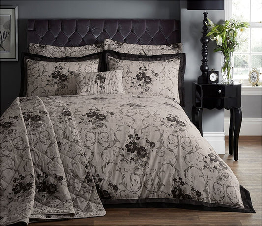 Double Bed Duvet Cover Set Black Grey Floral Vintage Look Bedding Set