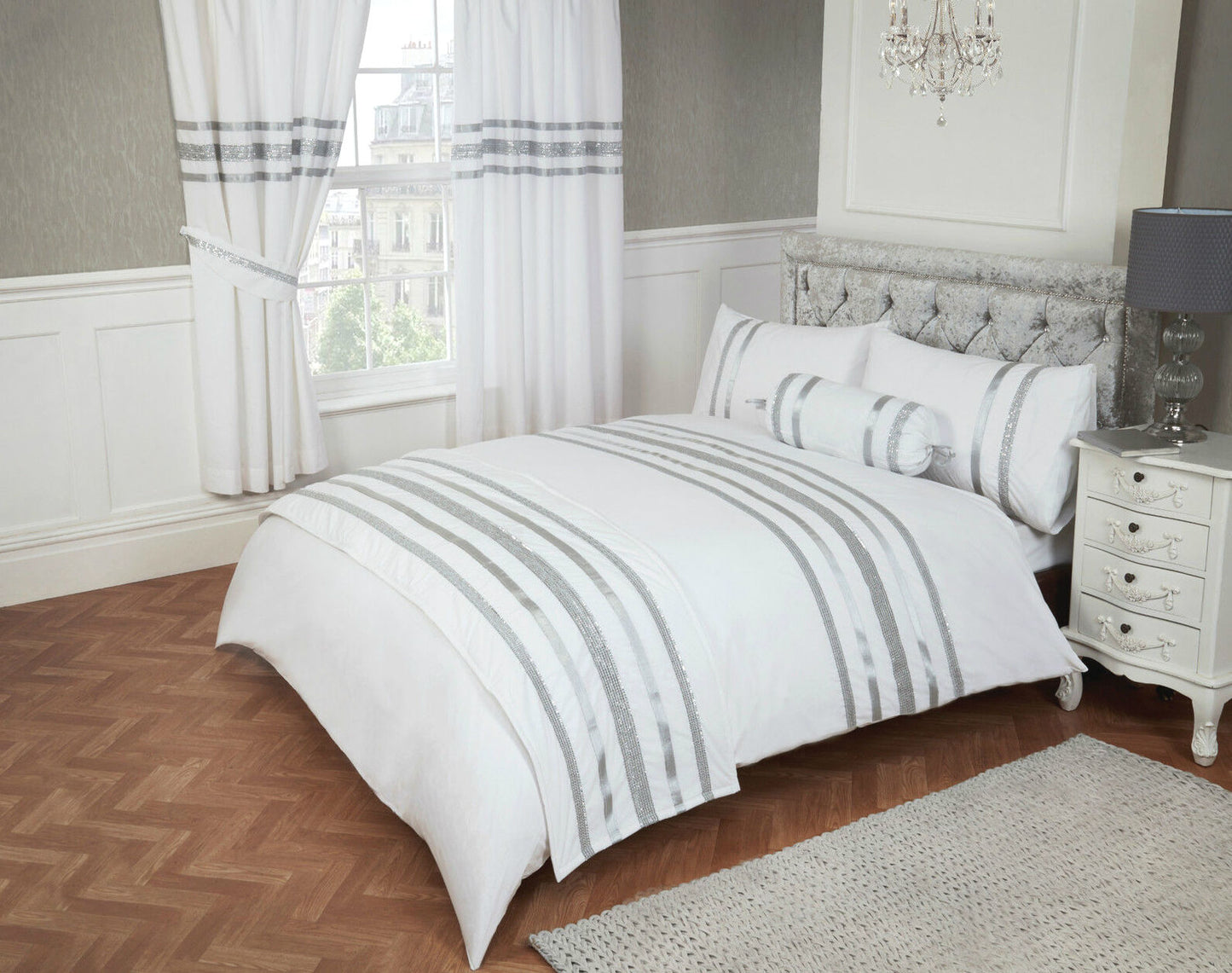 Double Bed Glitz White Silver Trim Duvet Cover Set