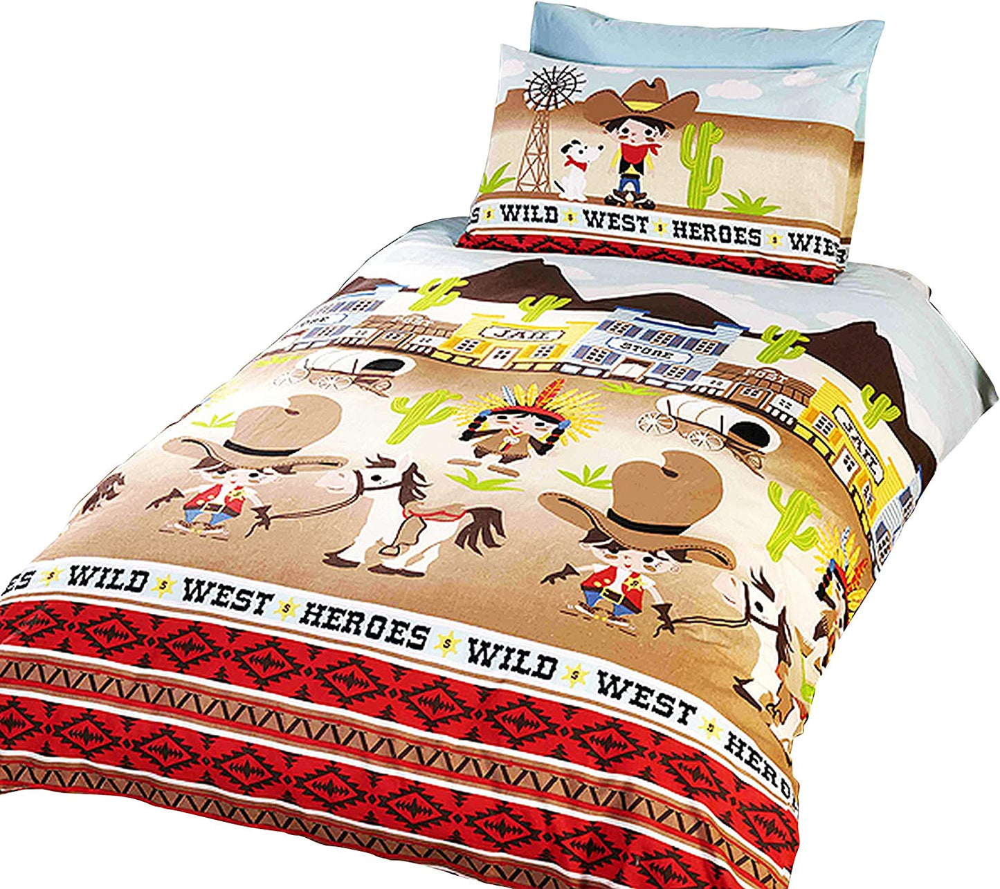 Double Bed Wild West Indians And Cowboys Duvet Cover Set Childrens Bedding